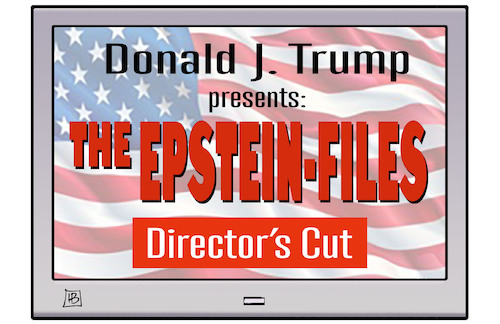 Cartoon: Trump und Epstein-Files (medium) by Harm Bengen tagged donald,trump,presents,epstein,files,directors,cut,film,monitor,tv,usa,harm,bengen,cartoon,karikatur,donald,trump,presents,epstein,files,directors,cut,film,monitor,tv,usa,harm,bengen,cartoon,karikatur