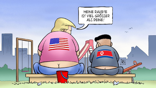 Cartoon: Trump und Kim (medium) by Harm Bengen tagged rakete,grösse,trump,kim,jong,un,usa,nordkorea,drohungen,harm,bengen,cartoon,karikatur,rakete,grösse,trump,kim,jong,un,usa,nordkorea,drohungen,harm,bengen,cartoon,karikatur