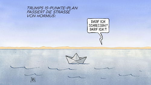 Cartoon: Trumps 15-Punkte-Plan (medium) by Harm Bengen tagged trumps,15,punkte,plan,straße,von,hormus,papierschiffchen,krieg,iran,israel,usa,harm,bengen,cartoon,karikatur,trumps,15,punkte,plan,straße,von,hormus,papierschiffchen,krieg,iran,israel,usa,harm,bengen,cartoon,karikatur