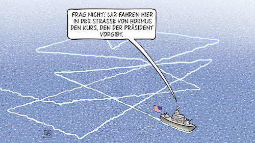 Cartoon: Trumps Iran-Kurs (medium) by Harm Bengen tagged straße,von,hormus,kurs,trump,iran,usa,krieg,wasser,schiff,marine,harm,bengen,cartoon,karikatur,straße,von,hormus,kurs,trump,iran,usa,krieg,wasser,schiff,marine,harm,bengen,cartoon,karikatur