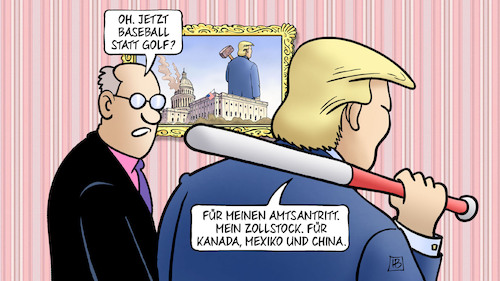 Cartoon: Trumps Zollstock (medium) by Harm Bengen tagged baseballschläger,amtsantritt,usa,trump,zoll,zölle,zollstock,kanada,mexiko,china,handelskrieg,harm,bengen,cartoon,karikatur,baseballschläger,amtsantritt,usa,trump,zoll,zölle,zollstock,kanada,mexiko,china,handelskrieg,harm,bengen,cartoon,karikatur