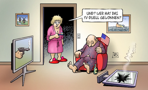 Cartoon: TV-Duell 2024 (medium) by Harm Bengen tagged pistole,schlafen,nacht,tv,duell,fernseher,schaden,usa,harris,trump,harm,bengen,cartoon,karikatur,pistole,schlafen,nacht,tv,duell,fernseher,schaden,usa,harris,trump,harm,bengen,cartoon,karikatur