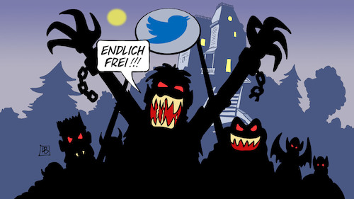 Cartoon: Twitter-Amnestie (medium) by Harm Bengen tagged endlich,frei,twitter,amnestie,musk,horror,monster,fakenews,hatespeech,harm,bengen,cartoon,karikatur,endlich,frei,twitter,amnestie,musk,horror,monster,fakenews,hatespeech,harm,bengen,cartoon,karikatur