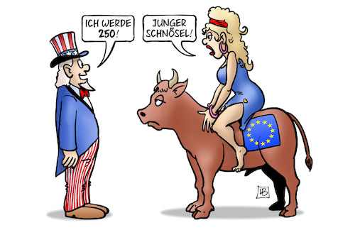 Cartoon: USA 250 (medium) by Harm Bengen tagged usa,jubiläum,feiern,geburtstag,250,junger,schnösel,europa,stier,uncle,sam,alter,geschichte,harm,bengen,cartoon,karikatur,usa,jubiläum,feiern,geburtstag,250,junger,schnösel,europa,stier,uncle,sam,alter,geschichte,harm,bengen,cartoon,karikatur