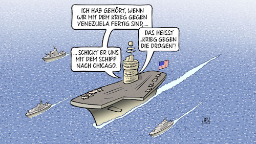 Venezuela-Krieg (medium) Cartoon: Venezuela-Krieg (medium) by Harm Bengen tagged krieg,venezuela,drogen,schiff,flugzeugträger,chicago,trump,maduro,harm,bengen,cartoon,karikatur,krieg,venezuela,drogen,schiff,flugzeugträger,chicago,trump,maduro,harm,bengen,cartoon,karikatur