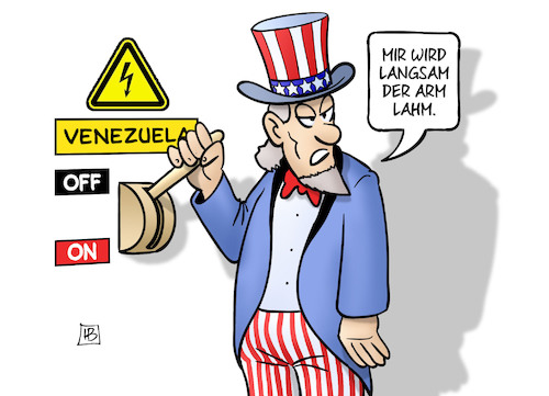 Cartoon: Venezuela Blackouts (medium) by Harm Bengen tagged venezuela,blackouts,stromausfall,on,off,schalter,arm,lahm,usa,uncle,sam,harm,bengen,cartoon,karikatur,venezuela,blackouts,stromausfall,on,off,schalter,arm,lahm,usa,uncle,sam,harm,bengen,cartoon,karikatur