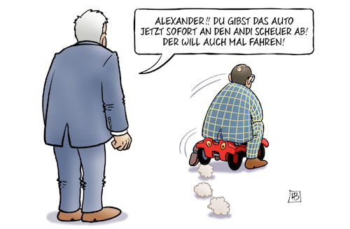 Cartoon: Verkehrsminister Scheuer (medium) by Harm Bengen tagged alexander,dobrindt,auto,bobbycar,scheuer,seehofer,csu,verkehrsminister,harm,bengen,cartoon,karikatur,alexander,dobrindt,auto,bobbycar,scheuer,seehofer,csu,verkehrsminister,harm,bengen,cartoon,karikatur