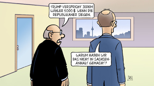 Cartoon: Wählerkauf (medium) by Harm Bengen tagged trump,5000,wählerkauf,afd,cdu,berlin,merz,wahl,landtagswahl,sachsen,anhalt,harm,bengen,cartoon,karikatur,trump,5000,wählerkauf,afd,cdu,berlin,merz,wahl,landtagswahl,sachsen,anhalt,harm,bengen,cartoon,karikatur