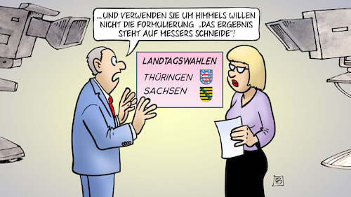 Cartoon: Wahl auf Messers Schneide (medium) by Harm Bengen tagged formulierung,ergebnis,messers,schneide,landtagswahlen,sachsen,thüringen,tv,studio,wahlen,islamistischer,terror,solingen,harm,bengen,cartoon,karikatur,formulierung,ergebnis,messers,schneide,landtagswahlen,sachsen,thüringen,tv,studio,wahlen,islamistischer,terror,solingen,harm,bengen,cartoon,karikatur