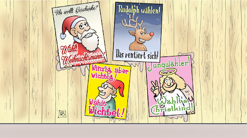 Cartoon: Weihnachtswahlkampf (medium) by Harm Bengen tagged weihnachten,weihnachtsmann,wahlkampf,plakate,zaun,wichtel,rudolph,rentier,geschenke,jungwähler,christkind,harm,bengen,cartoon,karikatur,weihnachten,weihnachtsmann,wahlkampf,plakate,zaun,wichtel,rudolph,rentier,geschenke,jungwähler,christkind,harm,bengen,cartoon,karikatur