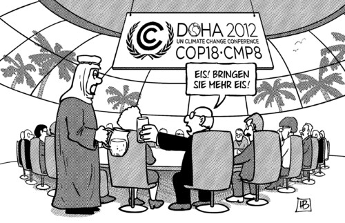Cartoon: Weltklimagipfel Doha (medium) by Harm Bengen tagged weltklimagipfel,doha,katar,un,2012,klimakonferenz,klimaerwaermung,klimakatastrophe,eis,pole,abschmelzen,harm,bengen,cartoon,karikatur