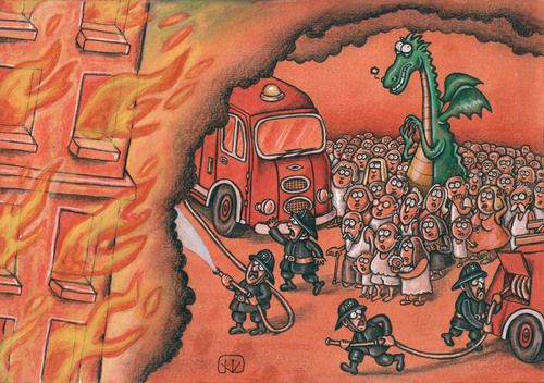 Cartoon: Innocent (medium) by vladan tagged dragon,fire,firefighters