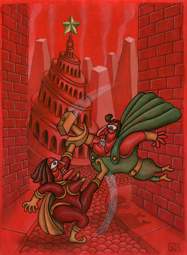 Cartoon: Sickle Woman vs Hammerman (medium) by vladan tagged hammer,sickle,communism,superheroes