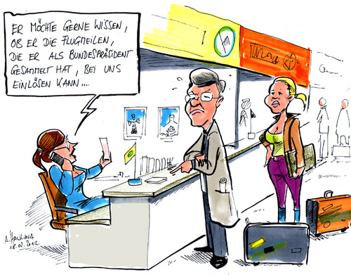 Cartoon: Die letzten Meilen (medium) by pianoman68 tagged wulff,bundespräsident,bonusmeilen,flugmeilen,upgrade