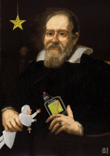 Cartoon: Galileo (medium) by Dadaphil tagged galileo,gps,god,gott,vatican,pope,papst,vatikan,stars,sterne