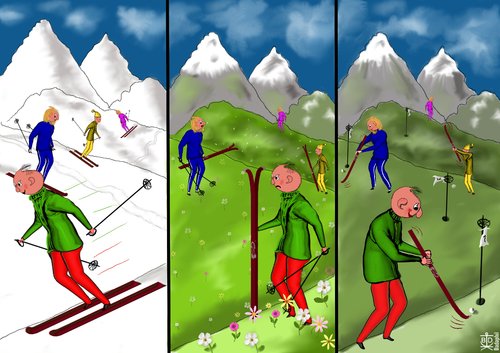 Cartoon: Making the best out of a crisis (medium) by Dadaphil tagged crisis,krise,people,menschen,skiing,ski,golf,mountains,snow,berge,schnee