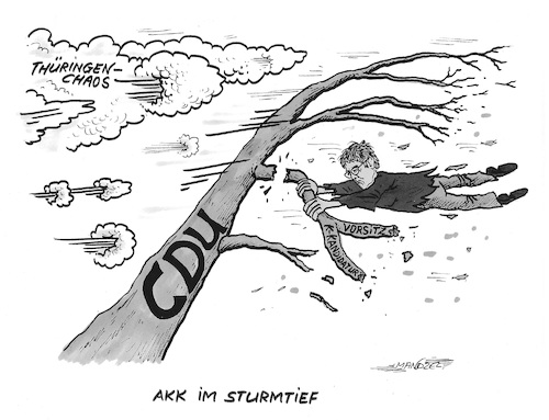 Cartoon: AKK im Sturmtief (medium) by mandzel tagged akk,thüringen,cdu,fdp,grün,afd,spd,ministerpräsidentenwahl,akk,thüringen,cdu,fdp,grün,afd,spd,ministerpräsidentenwahl