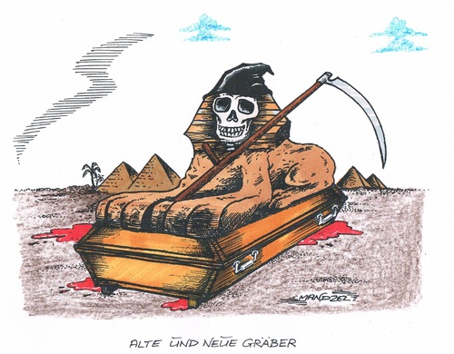 Cartoon: Alte und neue Gräber (medium) by mandzel tagged ägypten,sarg,sphinx,blut,pyramiden,sensenmann,ägypten,sarg,sphinx,blut,pyramiden,sensenmann