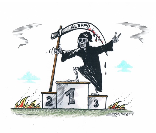 Cartoon: Assads Siegertreppchen (medium) by mandzel tagged siegertreppchen,aleppo,totengerippe,sensemann
