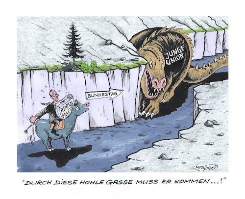 Cartoon: Auf schwierigem Pfad (medium) by mandzel tagged deutschland,rentenpläne,merz,koalition,cdu,spd,unionsspaltung,deutschland,rentenpläne,merz,koalition,cdu,spd,unionsspaltung