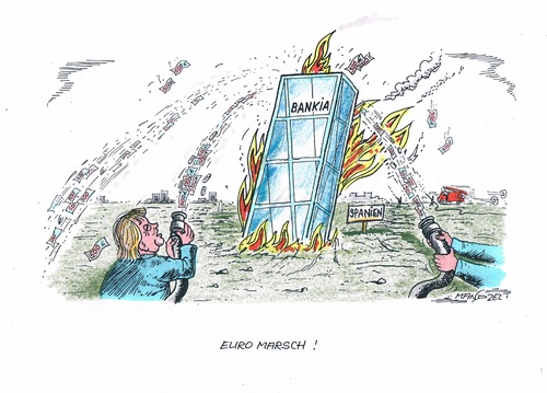 Cartoon: Bankenrettung in Spanien (medium) by mandzel tagged banken,brennende,eu,spanien,löschversuche,mit,milliarden,euro