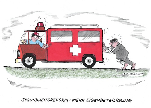 Cartoon: Der Patient wird stark gefordert (medium) by mandzel tagged merz,warken,gesundheitsreform,deutschland,eigenbeteiligung,merz,warken,gesundheitsreform,deutschland,eigenbeteiligung