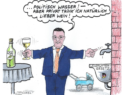 Cartoon: Doppelte Moral (medium) by mandzel tagged spahn,politik,unglaubwürdigkeit,doppelmoral,leihmütterschaft,spahn,politik,unglaubwürdigkeit,doppelmoral,leihmütterschaft