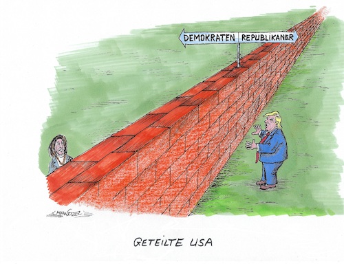 Cartoon: Eine Mauer teilt die USA (medium) by mandzel tagged usa,trump,pelosi,republikaner,demokraten,usa,trump,pelosi,republikaner,demokraten