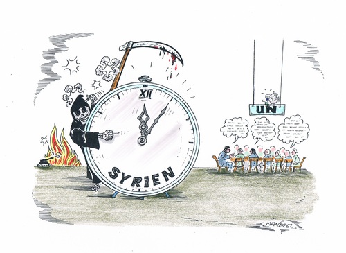 Cartoon: Endlose UN-Tagungen (medium) by mandzel tagged syrien,gevatter,tod,fünf,nach,zwölf,un,tagungen,syrien,un