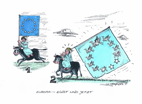 Cartoon: Europa einst und jetzt (medium) by mandzel tagged europa,stier,sternenbanner,geier,europa,stier
