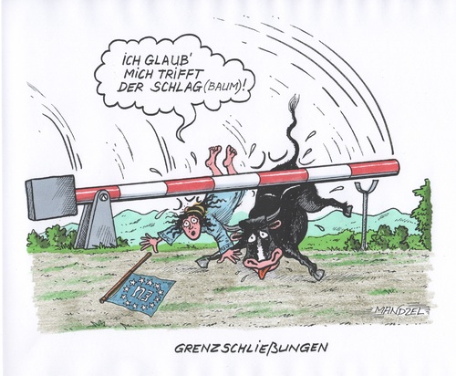Cartoon: Europa macht die Grenzen dicht (medium) by mandzel tagged grenzschließungen,eu,schlagbaum,flüchtlinge,asylquoten,grenzchaos,grenzschließungen,eu,schlagbaum,flüchtlinge,asylquoten,grenzchaos