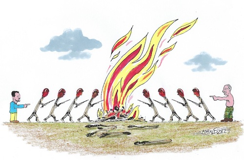 Cartoon: Feuerstelle Ukraine (medium) by mandzel tagged ukraine,russland,bomben,selenski,usa,putin,kämpfe,feuer,blutvergießen,ukraine,russland,bomben,selenski,usa,putin,kämpfe,feuer,blutvergießen
