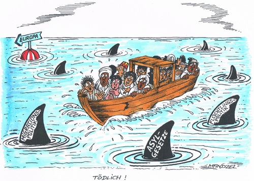 Cartoon: Gefährliches Mittelmeer (medium) by mandzel tagged bootsflüchtlinge,haie,gesetze,mittelmeer,europa,bootsflüchtlinge,haie,gesetze,mittelmeer,europa