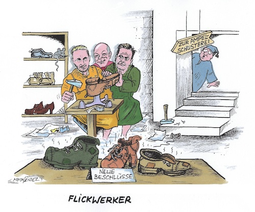 Cartoon: Koalitions-Flickwerk (medium) by mandzel tagged deutschland,ampel,klima,verkehr,spd,grün,fdp,deutschland,ampel,klima,verkehr,spd,grün,fdp