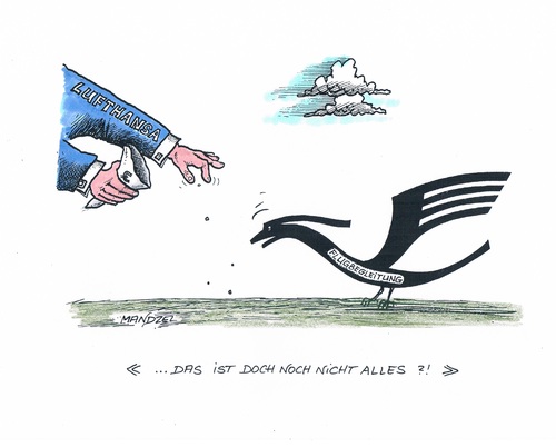 Cartoon: Lufthansa und UFO (medium) by mandzel tagged lufthansa,kranisch,flugbegleitung,brosamen,lufthansa,kranisch,flugbegleitung,brosamen