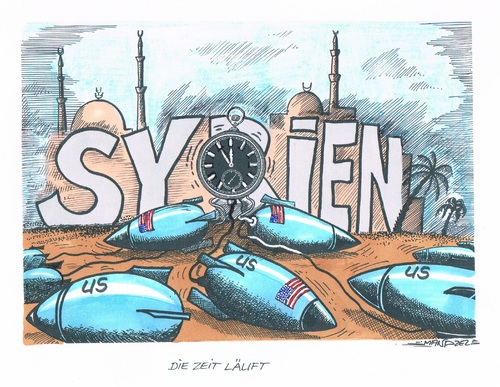 Cartoon: Mit der Geduld am Ende (medium) by mandzel tagged syrien,usa,bomben,uhr,militärschläge,syrien,usa,bomben,uhr,militärschläge