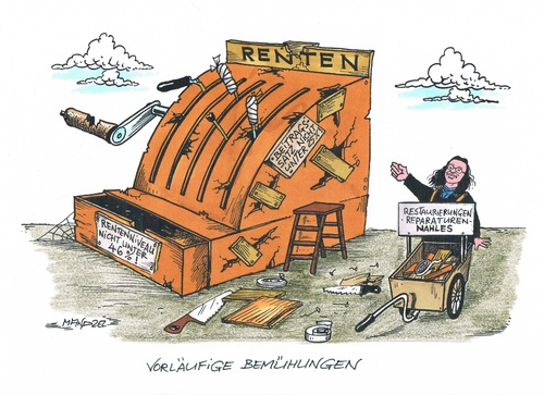 Cartoon: Nahles bemüht sich um die Rente (medium) by mandzel tagged nahles,rente,reform,niveau,beitragssatz,nahles,rente,reform,niveau,beitragssatz