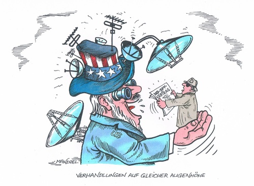 Cartoon: No-Spy-Verhandlungen (medium) by mandzel tagged usa,deutschland,spionage,vertrag,usa,deutschland,spionage,vertrag