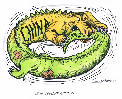 Cartoon: Schmerzen in China (medium) by mandzel tagged china,uiguren,xinjiang,drache,drehwurm,china,uiguren,xinjiang,drache,drehwurm