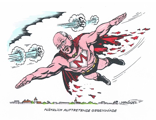 Cartoon: Schulz lässt Federn (medium) by mandzel tagged csu,spd,schulz,wahlkampf,gegenwinde,superman,deutschland,mandzel,karikatur,csu,spd,schulz,wahlkampf,gegenwinde,superman,deutschland,mandzel,karikatur