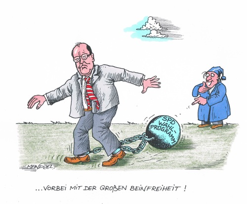 Cartoon: Steinbrücks neue Beinfreiheit (medium) by mandzel tagged steinbrück,spd,wahlprogramm,beinfreiheit,kette,steinbrück,spd,wahlprogramm,beinfreiheit,kette