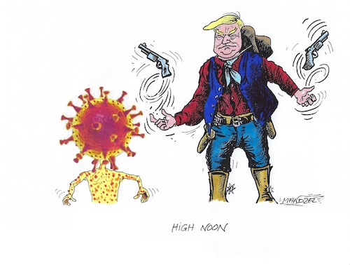 Cartoon: Trump nimmt den Kampf auf (medium) by mandzel tagged corona,pandemie,panik,chaos,hysterie,wirtschaft,trump,krieg,corona,pandemie,panik,chaos,hysterie,wirtschaft,trump,krieg