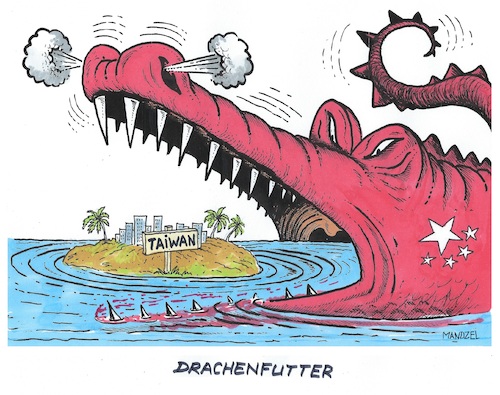 Cartoon: Vor dem Schlund des Drachen (medium) by mandzel tagged china,taiwan,säbelrasseln,kriegsangst,politik,china,taiwan,säbelrasseln,kriegsangst,politik