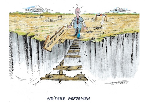 Cartoon: Vorsichtige Schritte (medium) by mandzel tagged merz,deutschland,reformen,politik,vorsicht,koalition,merz,deutschland,reformen,politik,vorsicht,koalition