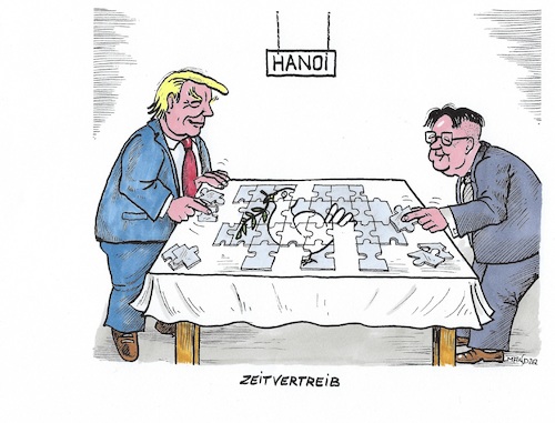 Cartoon: Zeitvertreib (medium) by mandzel tagged trump,kim,hanoi,gipfel,usa,nordkorea,sanktionen,raketen,trump,kim,hanoi,gipfel,usa,nordkorea,sanktionen,raketen