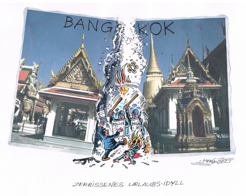 Cartoon: Zerreißprobe (medium) by mandzel tagged bangkok,demonstrationen,aufruhr,gewalttätigkeiten,bangkok,demonstrationen,aufruhr,gewalttätigkeiten
