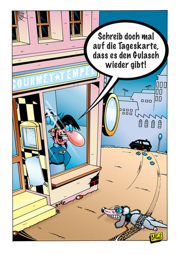 Cartoon: Gulasch für alle! (medium) by stefanbayer tagged kneipe,restaurant,bar,lounge,gourmet,essen,hund,pudel,wirt,gastronom,tempel,straße,theke,thekenkraft,fleisch,tageskarte,speisekarte,trinken,speise,stefan,bayer