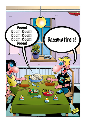 Cartoon: Reisgericht (medium) by stefanbayer tagged reis,basmatireis,reisgericht,reiskorn,techno,bass,bassdrum,essen,bay,stefanbayer,küche,esstisch,kalauer,wortspiel