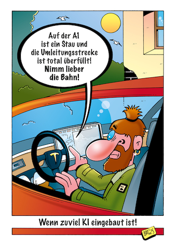 Tesla (medium) Cartoon: Tesla (medium) by stefanbayer tagged ai,ki,künstlicheintelligenz,mobilität,tesla,elektroauto,stau,autobahn,überfüllung,umgehungsstraße,bahn,deutschebahn,reisen,stefanbayer,bay,automobil