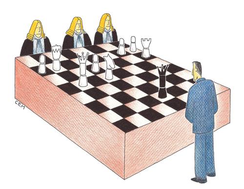 Cartoon: chess in court (medium) by cemkoc tagged judge,defense,court,chess,cartoons,law,karikatürleri,hukuk,judgement,justice,defendant